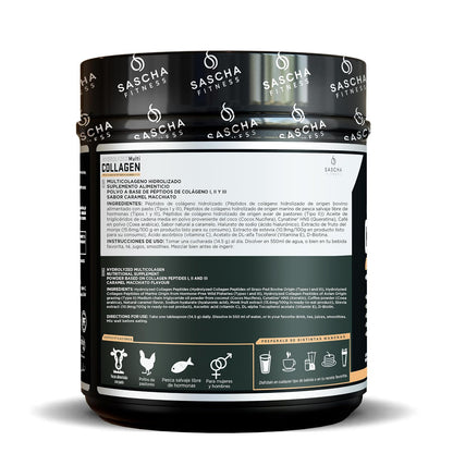 Sascha Fitness Multi Colágeno Hidrolizado | Ácido Hialurónico | Biotina | Cynatine HNS | Vitamina C & E - Sabor Caramel Macchiato