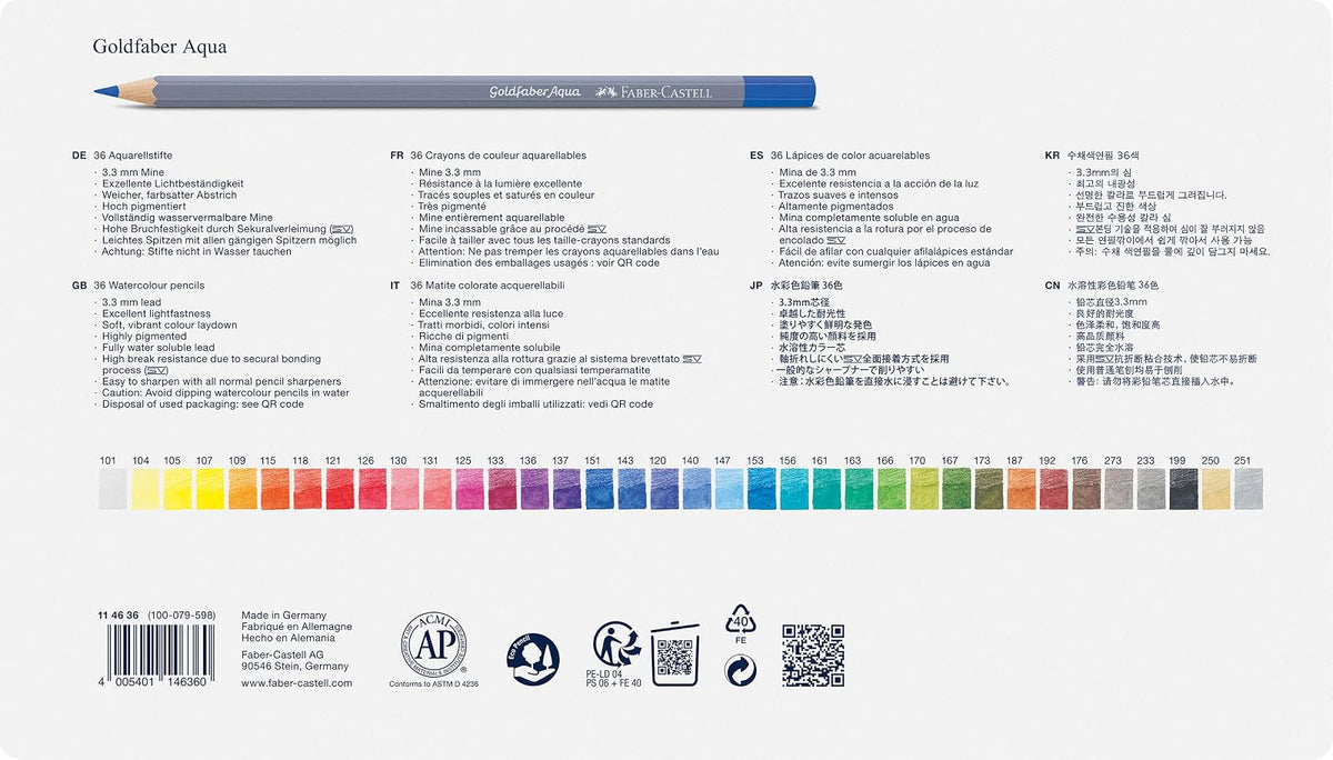 Faber-Castell Colores Goldfaber Acuarelables Para Arte con 36 Distintos Colores, estos lápices acuarelables permiten crear dibujos detallados como efectos acuarelados teniendo una experiencia creativa