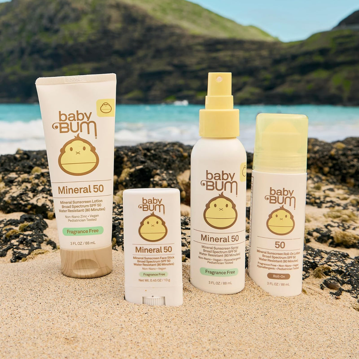 Protector solar roll-on Baby Bum Mineral SPF 50 | Vegano y compatible con la Ley de Arrecifes 104 de Hawaii (sin octinoxato ni oxibenzona) Loción protectora solar hidratante de amplio espectro UVA/UV