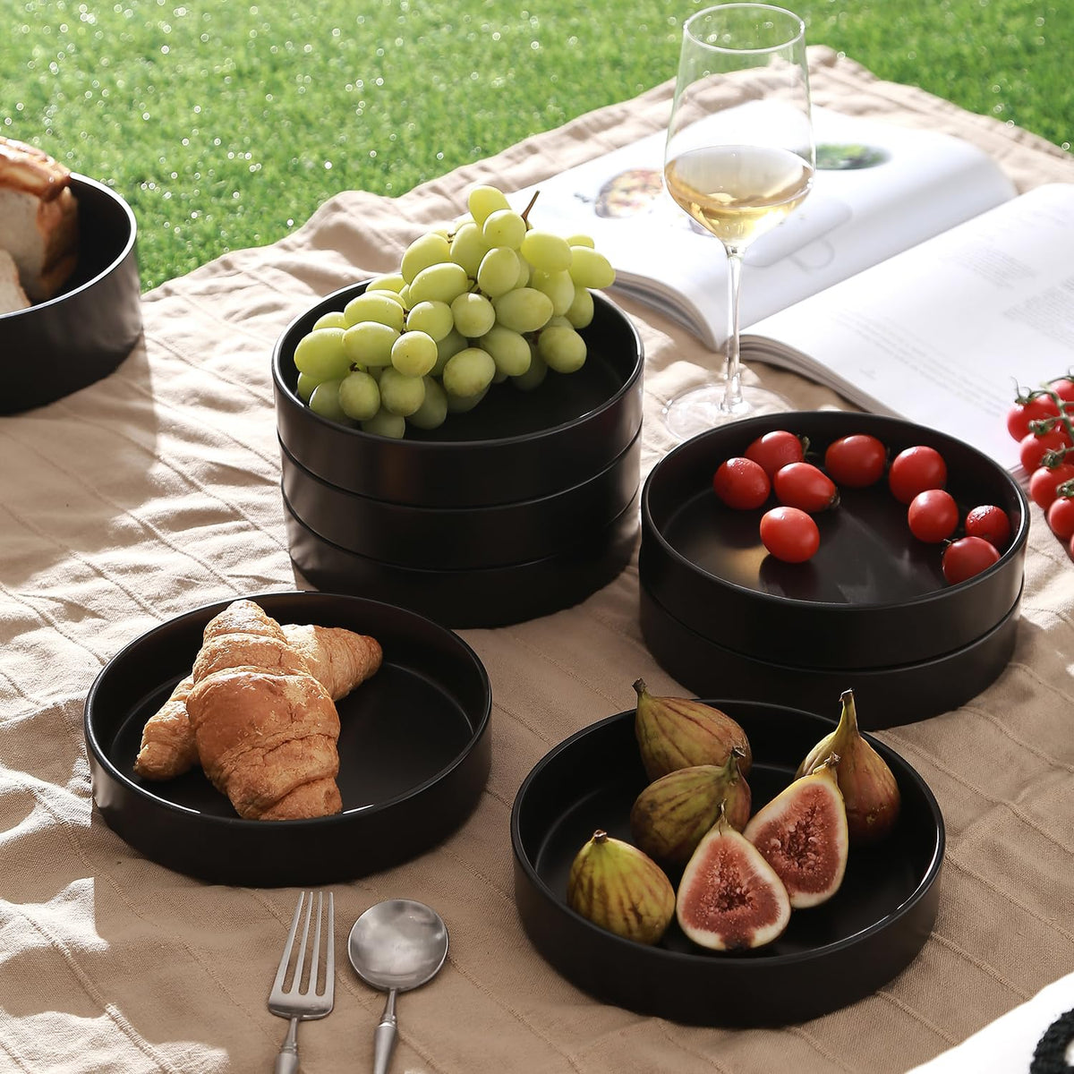 Stone Lain Celina - Juego de cuencos de gres de 4 piezas para cocina, cerámica para ramen, frutas, cereales, cena, apto para microondas y lavaplatos, color negro