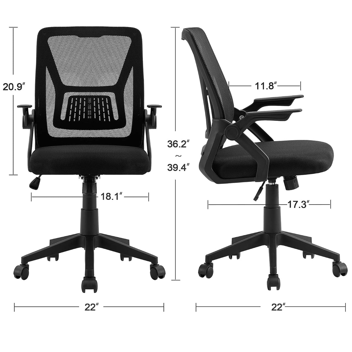 VECELO - Silla de Oficina ergonómica giratoria con Brazos Ajustables, Soporte Lumbar de Malla para Trabajo de computadora, Color Negro