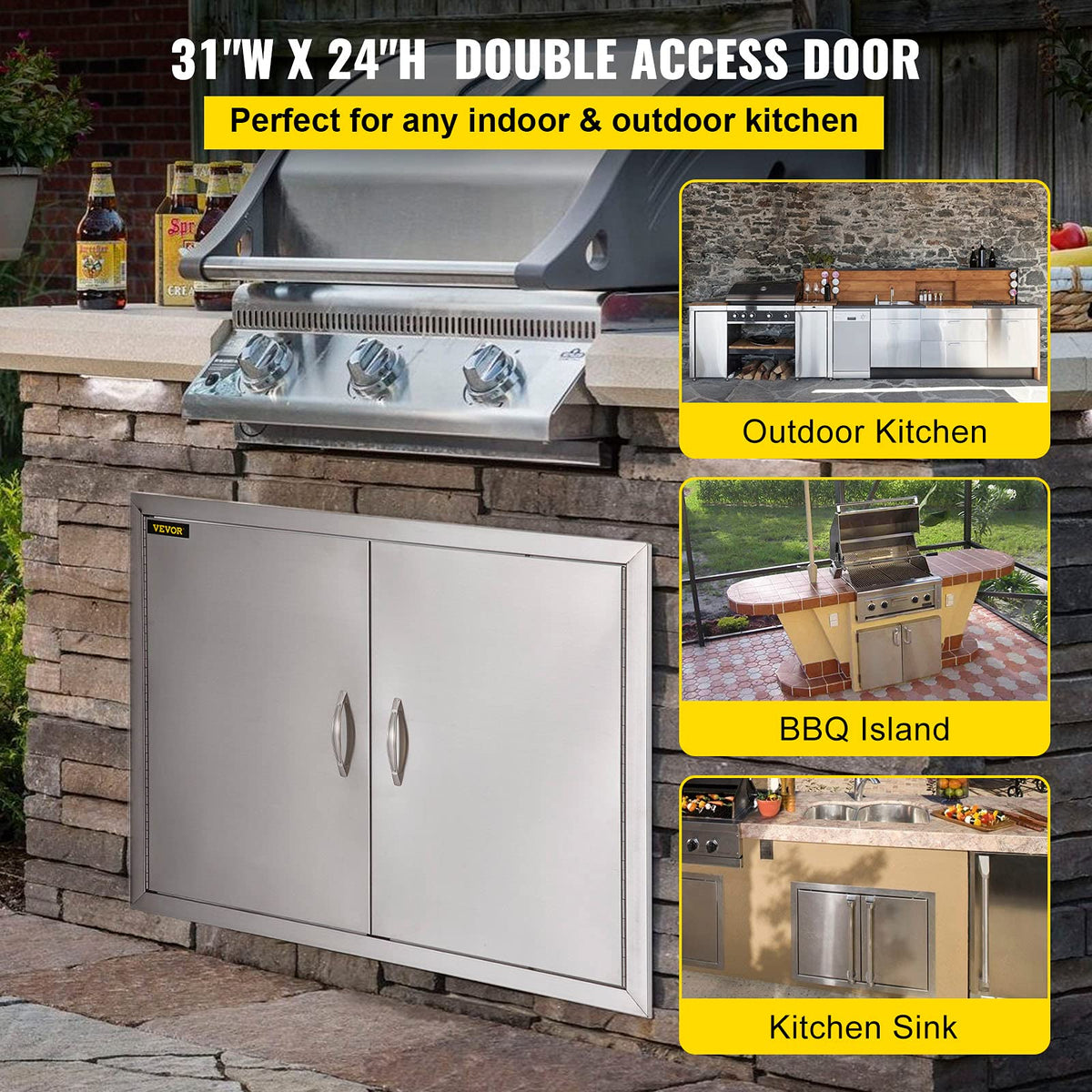 VEVOR Puerta de Acceso a Barbacoa 78,7 x 60,9 cm Puerta de Cocina Exterior Doble Puerta Empotrada de Acero Inoxidable con Manija para Isla de Barbacoa, Estación de Parrilla, Armario Exterior