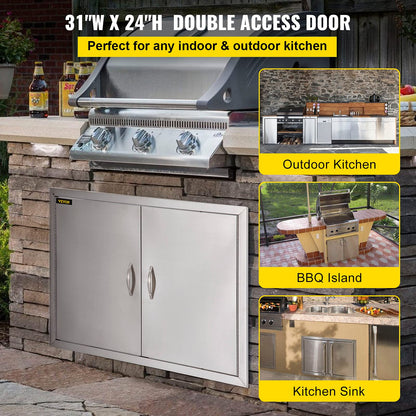 VEVOR Puerta de Acceso a Barbacoa 78,7 x 60,9 cm Puerta de Cocina Exterior Doble Puerta Empotrada de Acero Inoxidable con Manija para Isla de Barbacoa, Estación de Parrilla, Armario Exterior