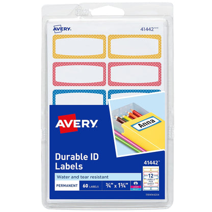 Avery - Etiquetas duraderas para equipo de niños, 3/4 pulgadas x 1-3/4 pulgadas, colores surtidos de fronteras, etiquetas resistentes al agua, escritura e imprimibles con láser/inyección de tinta, 60