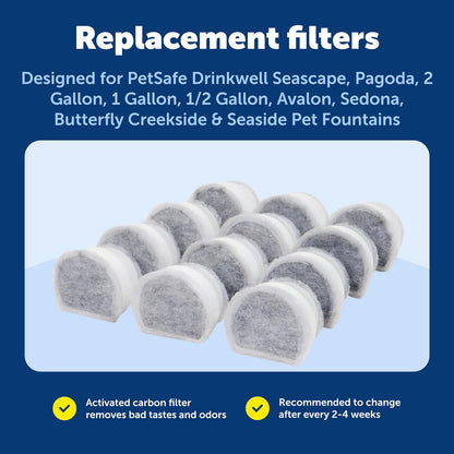 PetSafe Drinkwell Replacement Carbon Filters, Dog and Cat Ceramic and 2 Gallon Water Fountain Filters, 12-Pack