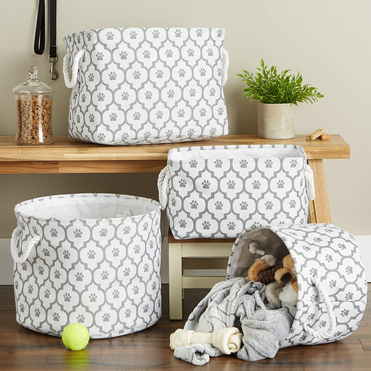 DII Bone Dry Small Round Pet Toy and Accessory Storage Bin, 12"(Dia) x 9"(H), Collapsible Organizer Storage Basket for Home Décor, Pet Toy, Blankets, Leashes and Food-Gray Lattiec Paw Print