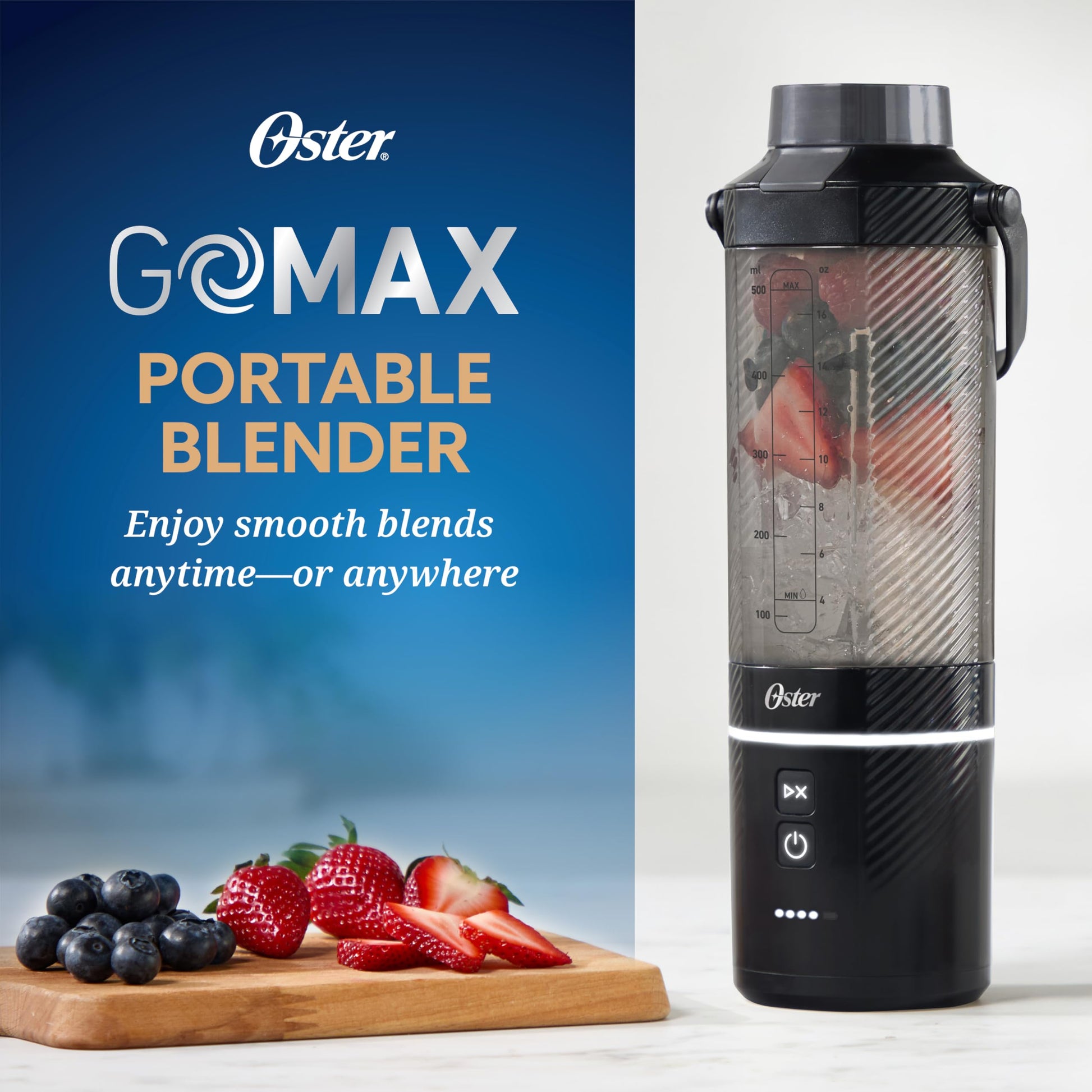 Oster Licuadora Portátil, GoMAX, Recargable USB-C, Personal, Vaso Antiderrames, para Smoothies, Batidos de Proteína, Hielo, Gimnasio, Desayuno Saludable, Negro, BLSTGFP-B20-000