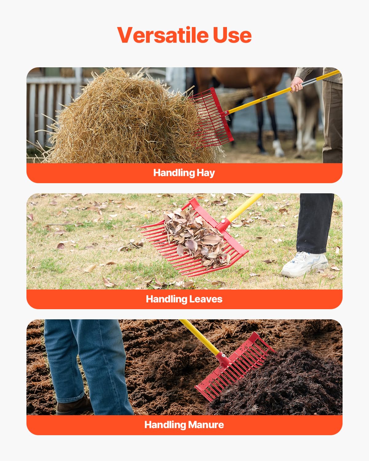 VEVOR - Tenedor de estiércol, 18 Dientes en ángulo, rastrillo de estiércol de Caballo con Mango Largo de Fibra de Vidrio, Herramienta de rastrillo de Barro de plástico Duradero de 61 Pulgadas, para