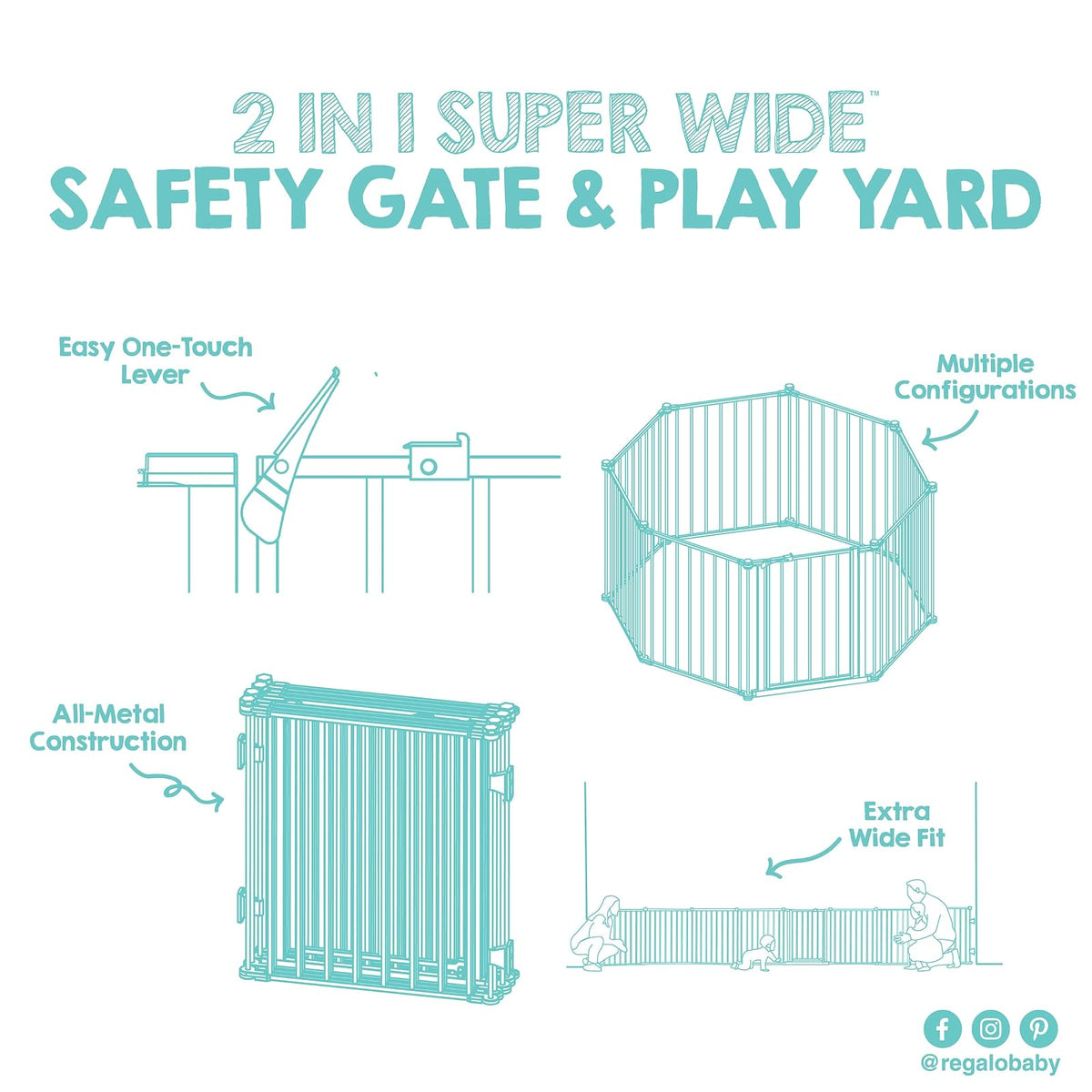 Regalo 192-Inch Super Wide ajustable Baby Gate and Play Yard, 4 en 1, kit de bonificación, incluye 4 paquetes de soportes de pared
