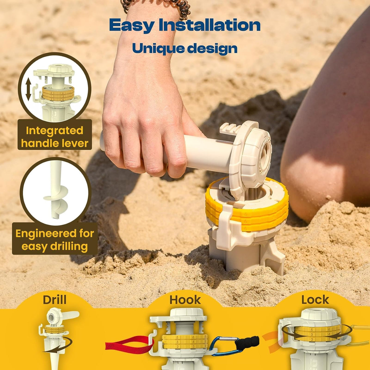 DIGGO - Estaca de Amarre para Perro para Playa Perros Grandes y Perros Pequeños | Orificio de Soporte para Sombrilla | Sistema Único de Bloqueo con Combinación Giratoria