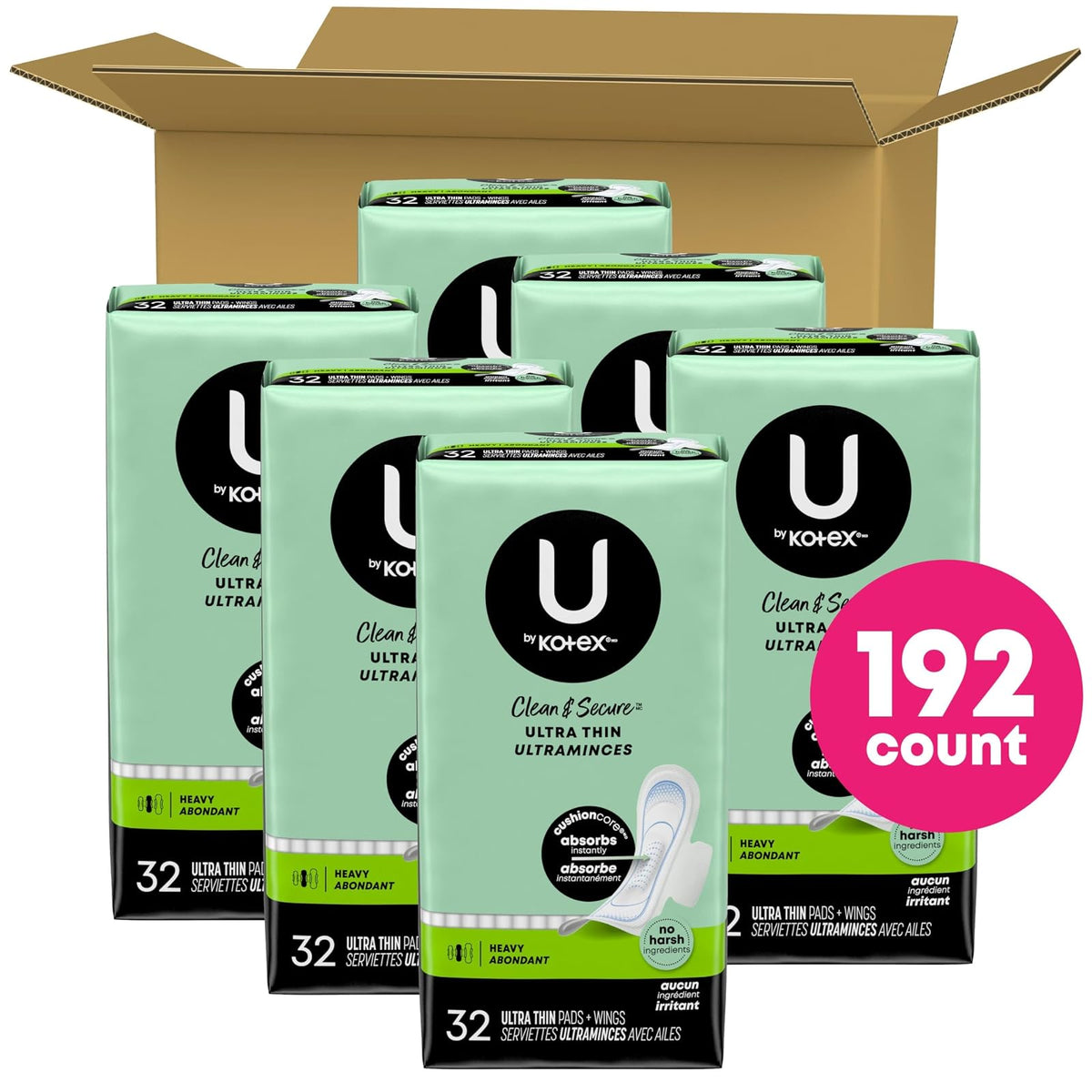 U by Kotex Security Ultra Thin Feminine Pads with Wings, Heavy Absorbency, Unscented, 192 Count (6 Packs of 32) (Packaging May Vary)