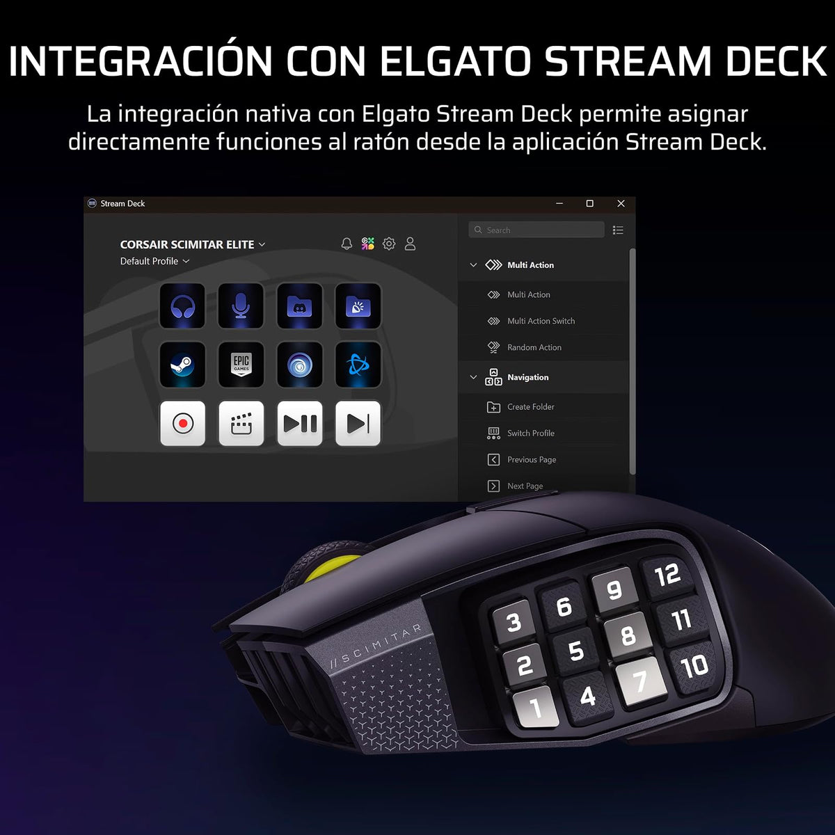 Corsair Scimitar Elite Wireless SE MMO Ratón para Juegos – 33,000 dpi, 16 Botones Programables, Key Slider Ajustable, Elgato Virtual Stream Deck, 1K Hyper-Polling - PC, PS5, PS4, Xbox, Mac – Gunmetal