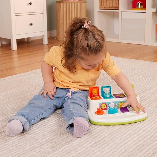 Battat Pop-Up Pals - Juguete Causa-Efecto con Animales | Botones para pulsar, girar, voltear y deslizar; 4 animales desplegables, colores y asa de transporte; 18 meses y +