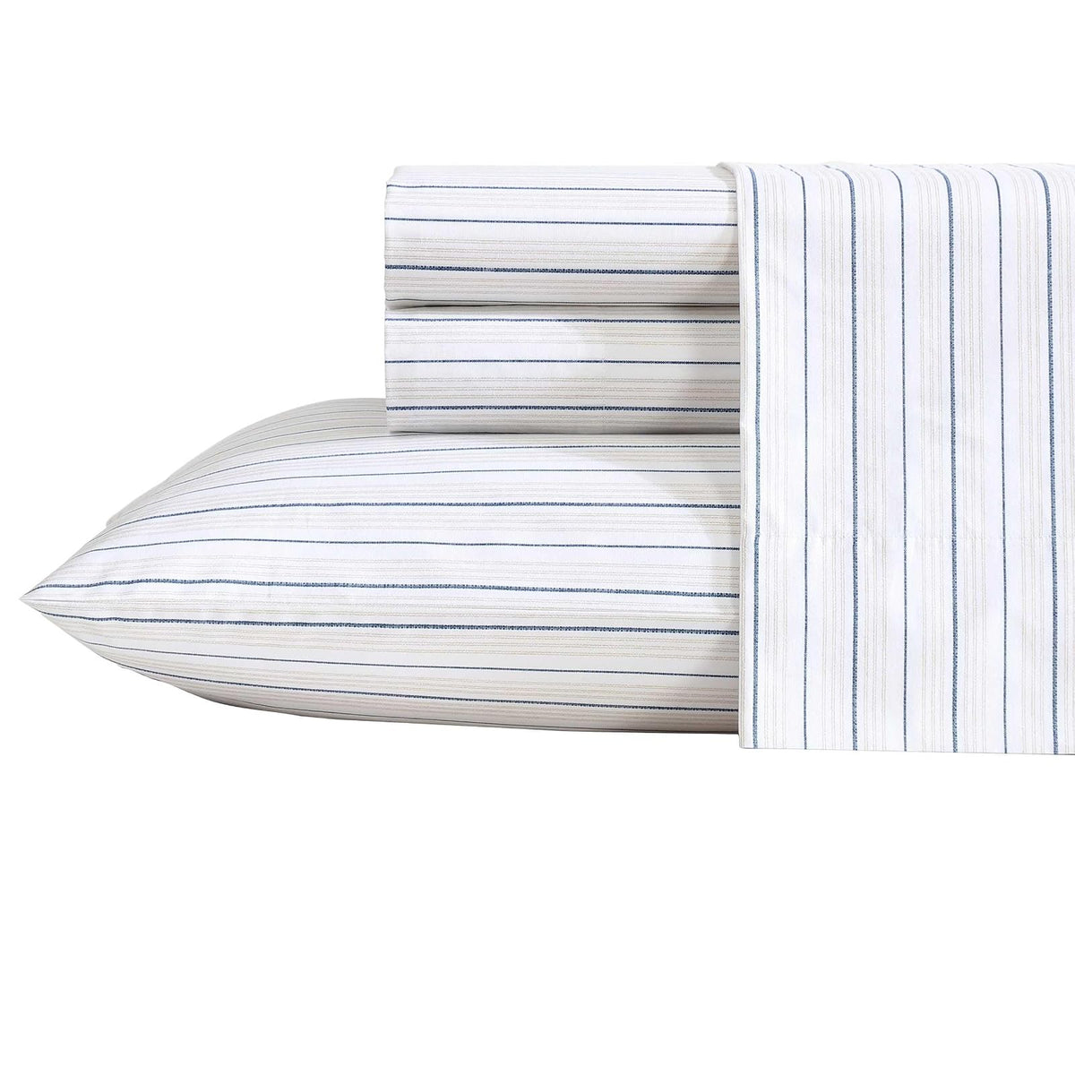 Nautica Juego de Sábanas de Percal de Algodón, Certificado Oeko-Tex - Beaux Stripe Blue - Individual Extra Grande
