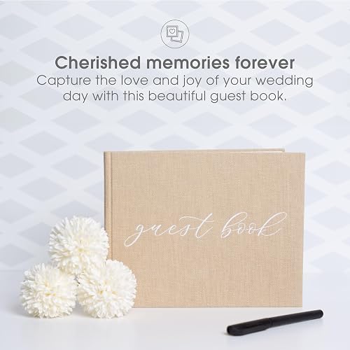 Pearhead Libro de visitas de boda de lino beige con escritura blanca, boda elegante, decoración de boda simple, regalo de despedida de soltera, marfil