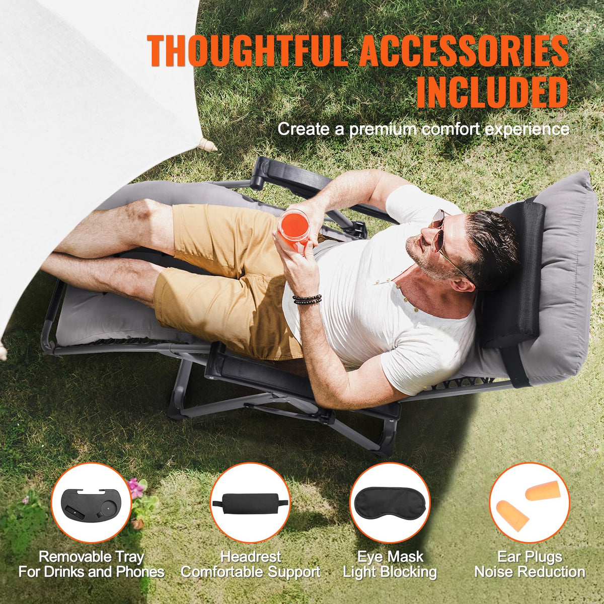 VEVOR Silla de Gravedad Cero 645 mm Sillón Reclinable para Jardín Tumbona para Terraza Capacidad de 226,8 kg Tumbona Antigravedad Ajustable con Cojín Reposacabezas Reposapiés Portavasos, Gris
