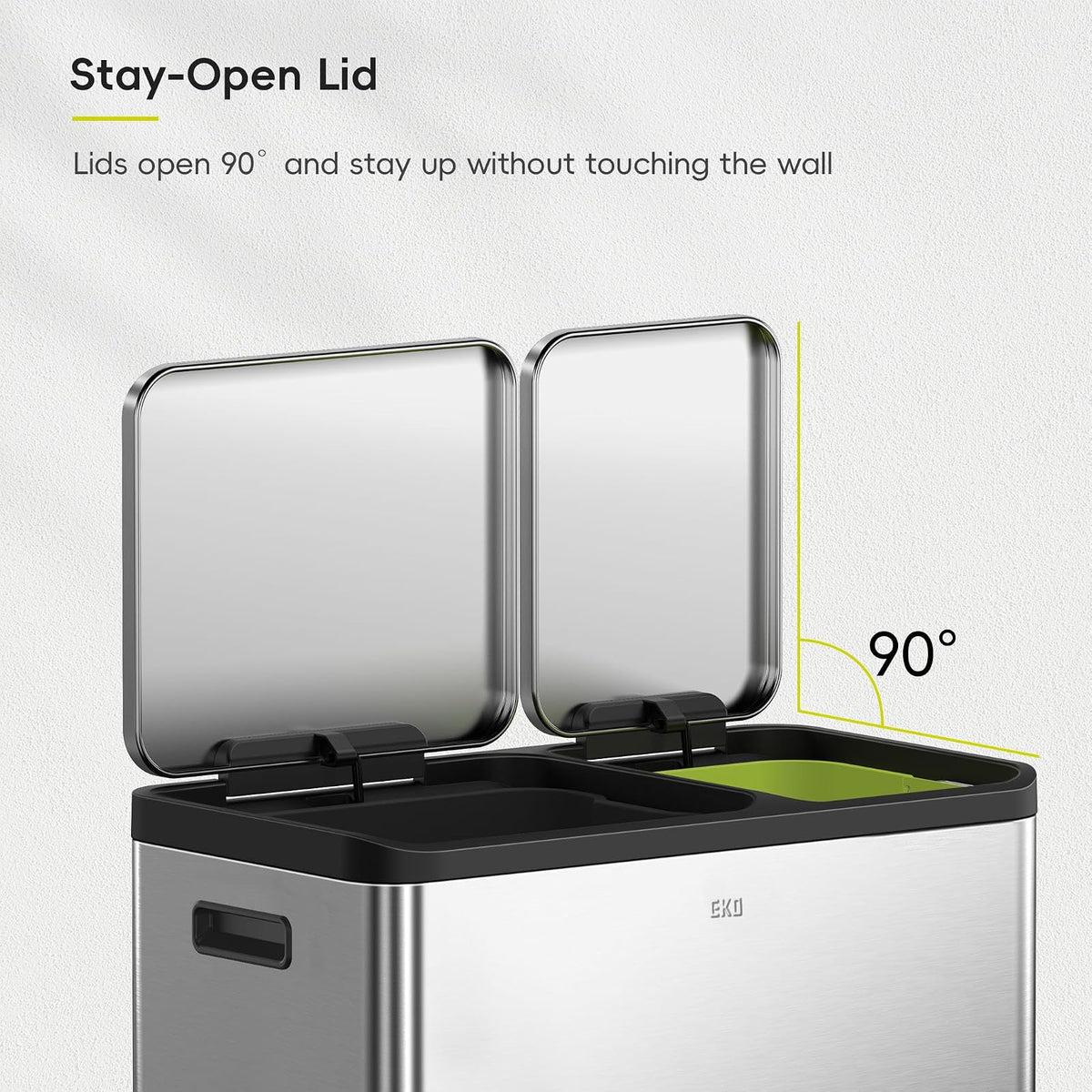 EKO EcoCasa - cubeta de basura de acero inoxidable de doble paso para reciclaje, cubeta de basura rectangular de cocina de 30 l+20 l, pedales y tapas independientes, cierre suave y resistente a las