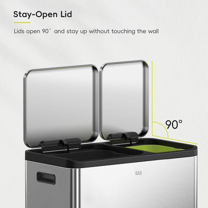 EKO EcoCasa - cubeta de basura de acero inoxidable de doble paso para reciclaje, cubeta de basura rectangular de cocina de 30 l+20 l, pedales y tapas independientes, cierre suave y resistente a las