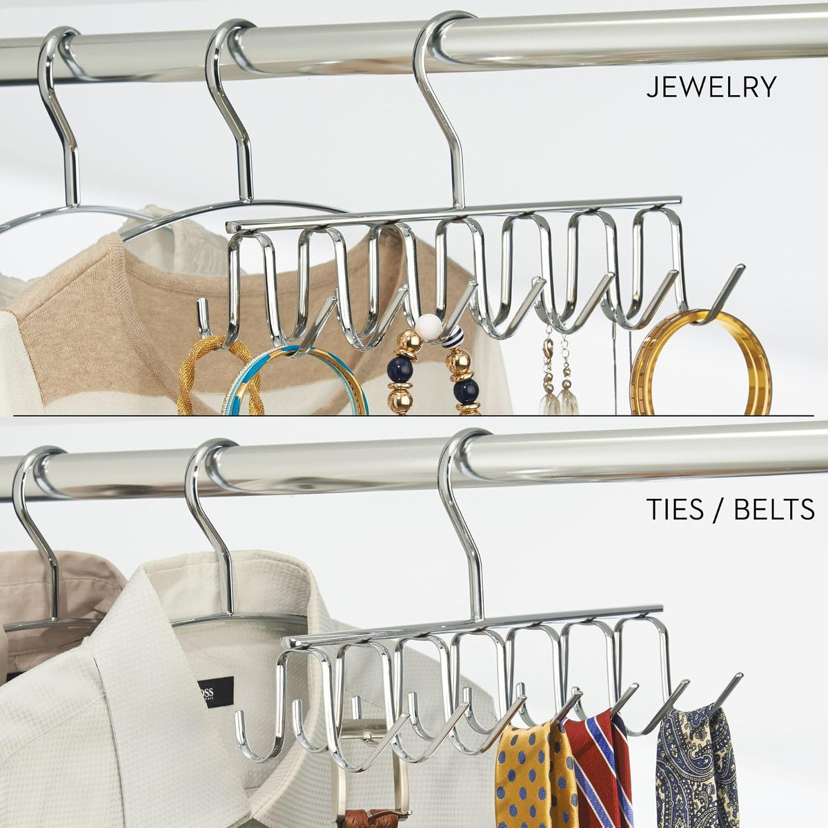 interDesign Axis Organizador de Corbatas, Colgador de Metal Cromado con 14 Ganchos para organizar Cinturones y Corbatas, Plateado