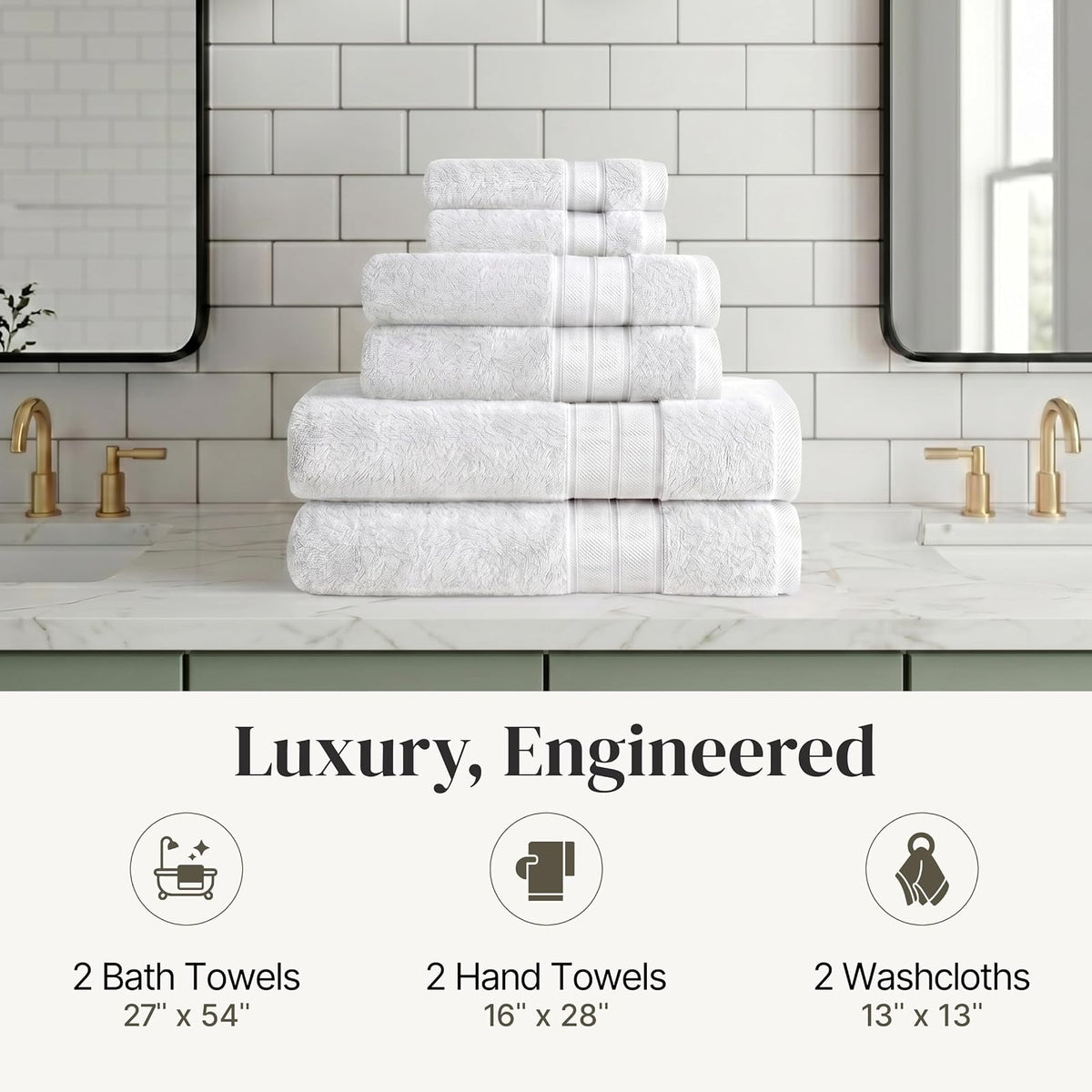 Modern Threads - Juego de Toallas de 6 Piezas 100% algodón Peinado, Toallas de baño, Toallas de Mano y paños de baño, súper absorbentes y de Secado rápido, 600 g/m², Suave y Afelpada, Color Blanco