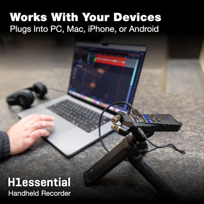 Zoom H1essential - Grabadora estéreo práctica con flotador de 32 bits, accesibilidad, micrófonos X/Y, grabación a tarjeta SD, micrófono USB, portátil, para músicos, podcasters, cineastas y creadores