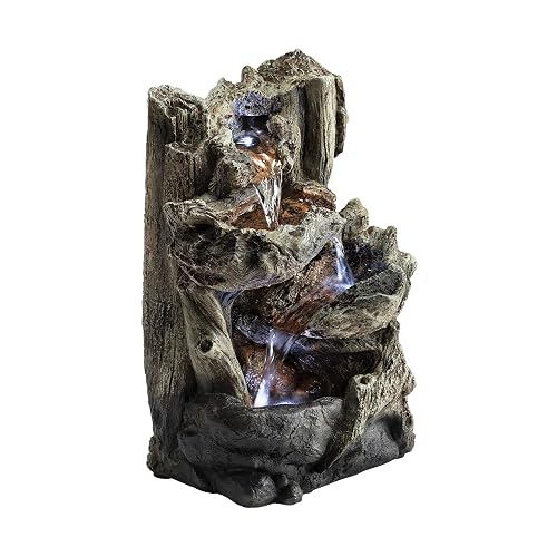 Alpine Corporation WIN794S Fuente de Agua de Troncos en Niveles para Mesa de Interior con Luces LED, Cascada de Luz de Bosque Tropical, 14", Marrón