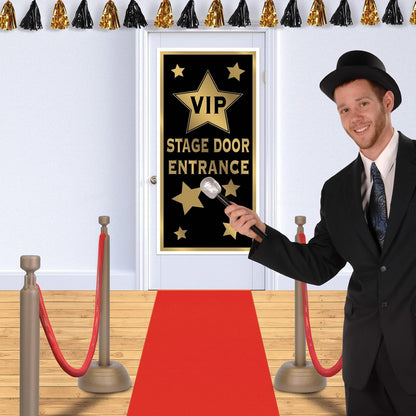 Beistle 2 fundas de plástico para puertas de entrada VIP para interiores y exteriores, decoración de fiestas nocturnas, 60 x 30 pulgadas, negro/dorado
