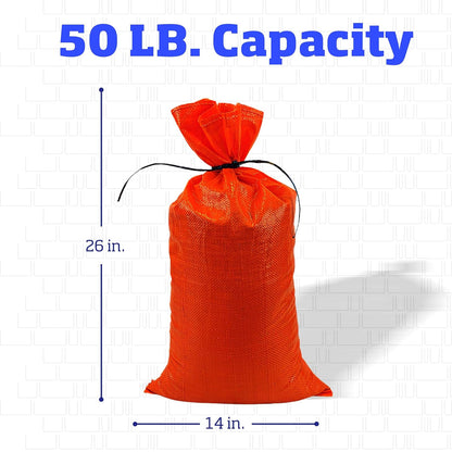 DURASACK Bolsas de arena resistentes con cuerdas de corbata, bolsas de arena de polipropileno tejidas vacías para control de inundaciones con 1600 horas de protección UV, capacidad de 50 libras, 14 x