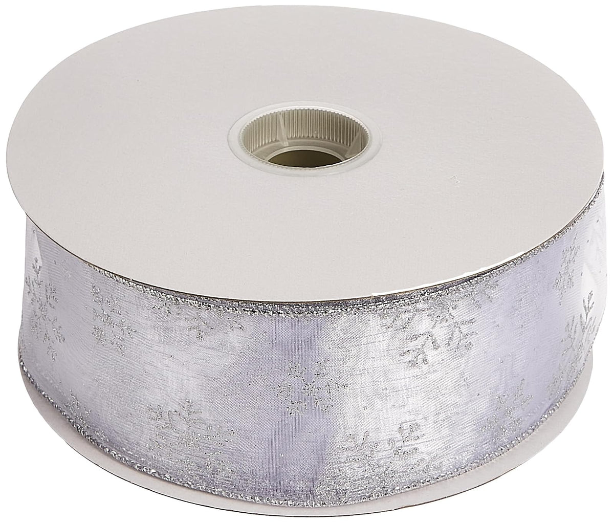 Morex Ribbon 7405.60/50-701 copo de nieve 2.5 pulgadas x 50 yardas, cinta transparente de nailon con purpurina, blanco/plata, suministros de arte de cinta para decoraciones de Navidad, cinta de Navidad para interiores para envolver regalos juego de arte -