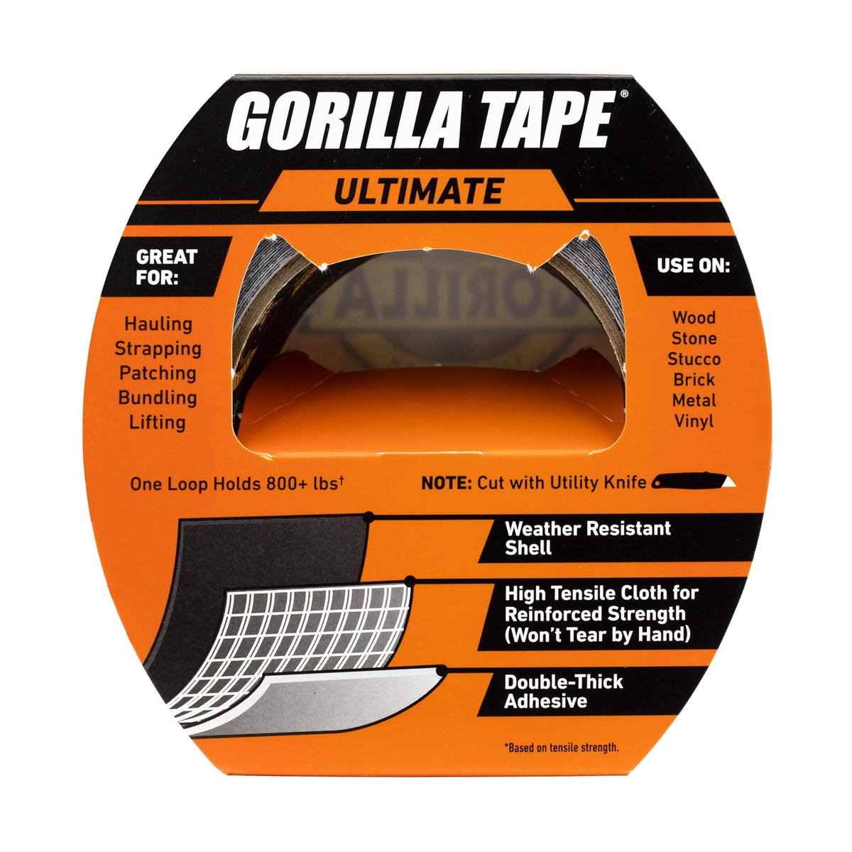Ultimate Gorilla Tape, tela de alta resistencia con calcomanía de doble grosor para transportar, flejar, parches, agrupar, levantar, 1.9 x 20 m, negro (paquete de 1)