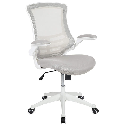 Flash Furniture Kelista - Silla giratoria de Oficina con Soporte Lumbar Ajustable y Altura del Asiento, Silla de computadora ergonómica de Malla con reposabrazos abatibles, Gris/Blanco