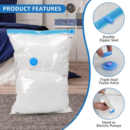 Simple Deluxe - 8 bolsas de almacenamiento al aspiradora jumbo para ahorrar espacio, bolsas de sellado al aspiradora con bomba de mano para edredón, mantas, ropa de cama, almohadas y ropa