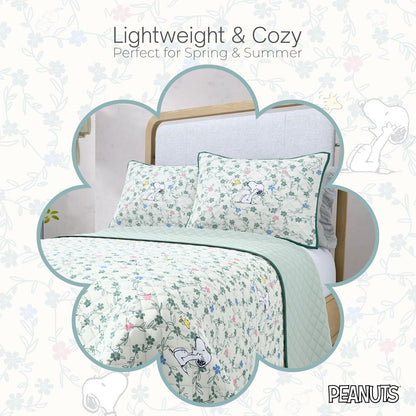 Peanuts Snoopy - Juego de Colcha tamaño matrimonial/Queen, Colcha Ligera para Todas Las Estaciones con Estampado Floral de Primavera y Funda, Ropa de Cama súper Suave de 3 Piezas (Producto