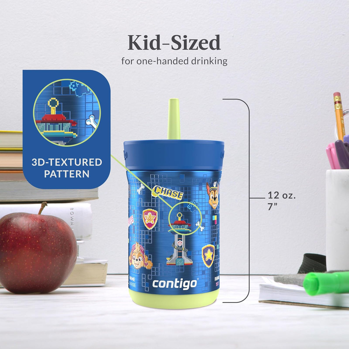 Contigo Leighton - Vaso de paja para niños con tapa a prueba de derrames, 12 onzas, frambuesa/azalea