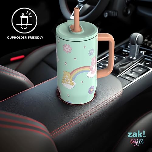 Zak Designs Care Bears Sutton - Vaso de viaje para uso en movimiento, acero inoxidable de 30 onzas con aislamiento al aspiradora, popote de silicona y asa de transporte para bebidas frías (osos de