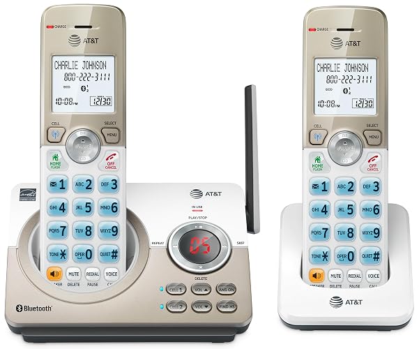 AT&T DL72219 DECT 6.0 - Teléfono inalámbrico de 2 Auriculares para el hogar con conexión a la célula, Bloqueo de Llamadas, visualización retroiluminada de 1.8 Pulgadas, Botones Grandes,
