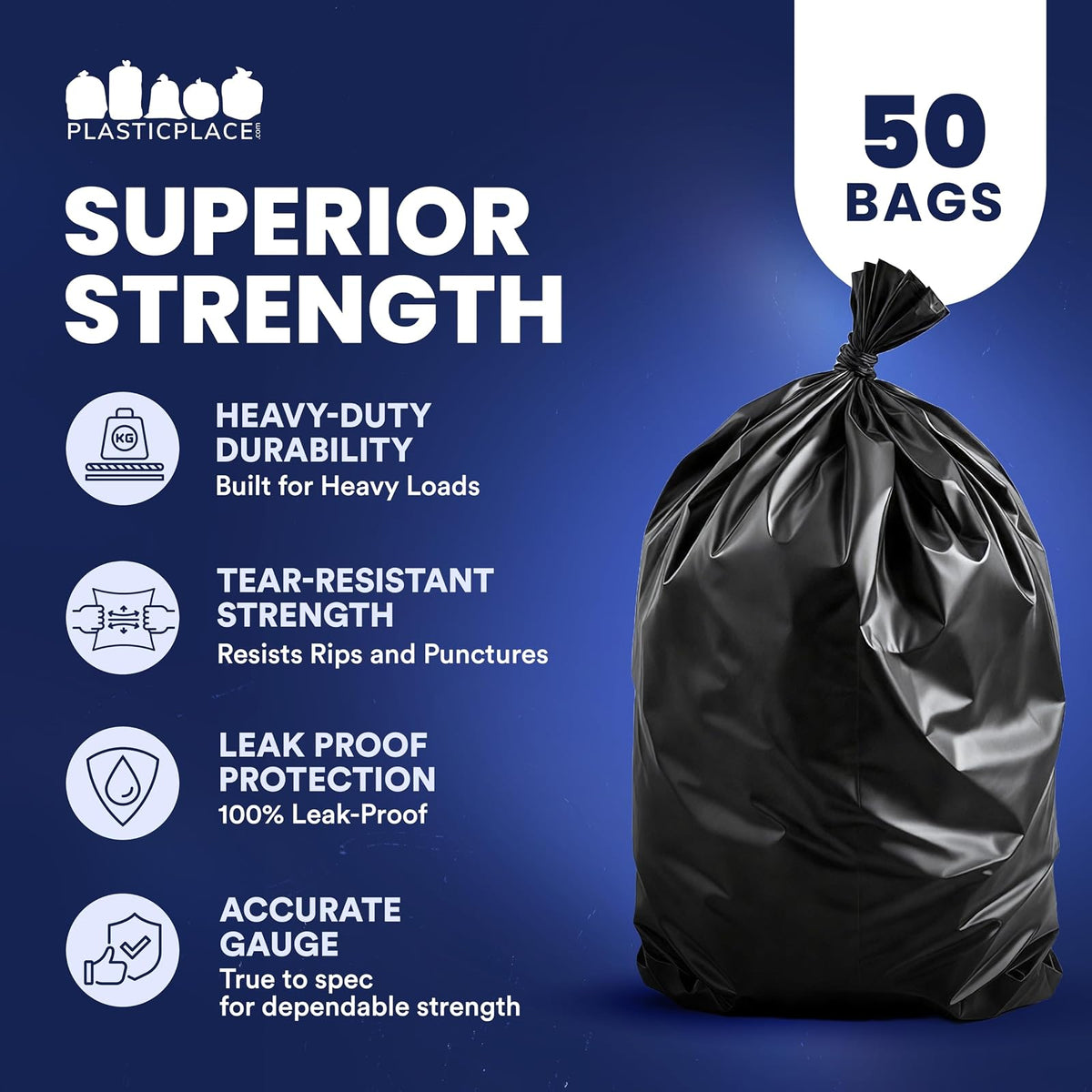 Plasticplace 55-60 gallon Trash Bags, 2.0 Mil, 38"W x 58"H, Black, 100/ Case