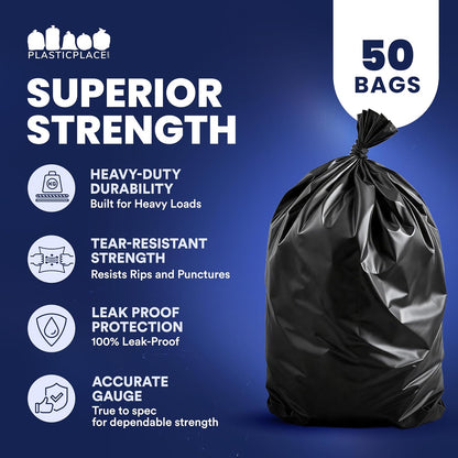 Plasticplace 55-60 gallon Trash Bags, 2.0 Mil, 38"W x 58"H, Black, 100/ Case