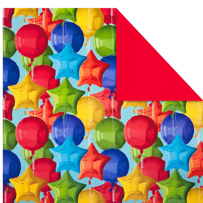 Hallmark - Rollos de papel de regalo de cumpleaños, globos, estrellas, magdalenas, rayas azules, papel de regalo rojo sólido (juego de 3 rollos reversibles: 75 m2 pies ttl.)
