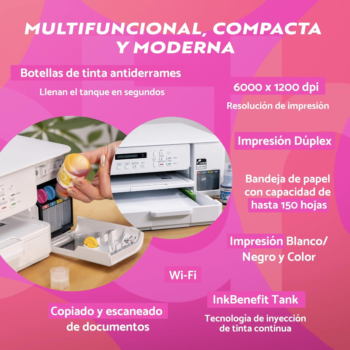 Brother Multifuncional InkBenefit Tank DCP-T536DW, Inyección de Tinta,Wi-Fi | Tecnología InkBenefit Tank, Impresión Dúplex, Conectividad Wi-Fi, Impresión en Negro y Color, Inyección de Tinta, 3 en 1