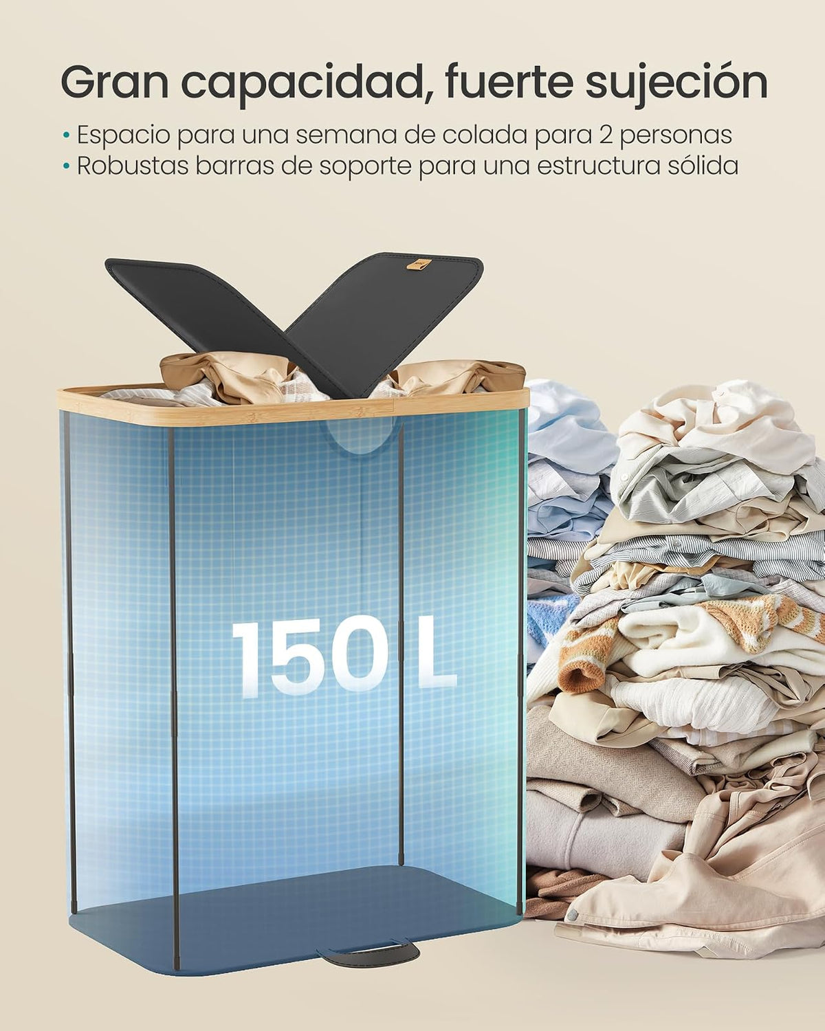 SONGMICS Cesto Ropa Sucia, 150 L, Cesta de Colada de 2 Compartimentos, para Lavadero, Dormitorio, Salón, Negro Tinta y Beige Natural MLCB523B01