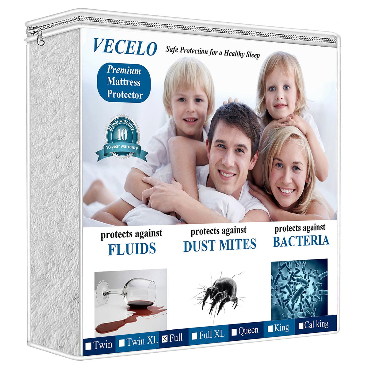 VECELO - Funda Protectora de colchón Impermeable de 4 Capas, hipoalergénica, 100% Libre de Vinilo, Bolsillo Profundo y sábana Bajera, tamaño Completo, Color Blanco