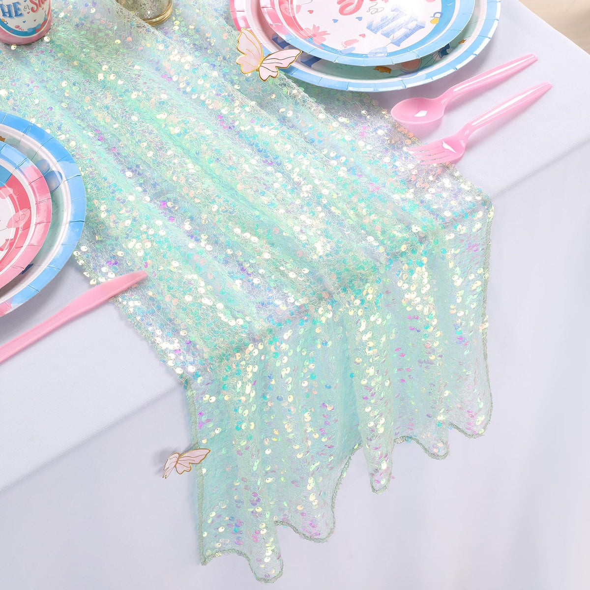 QueenDream Camino de Mesa Verde, 3 Unidades, Iridiscente Brillante, 25 x 120 Pulgadas, decoración de Fiesta de cumpleaños con temática de Sirena
