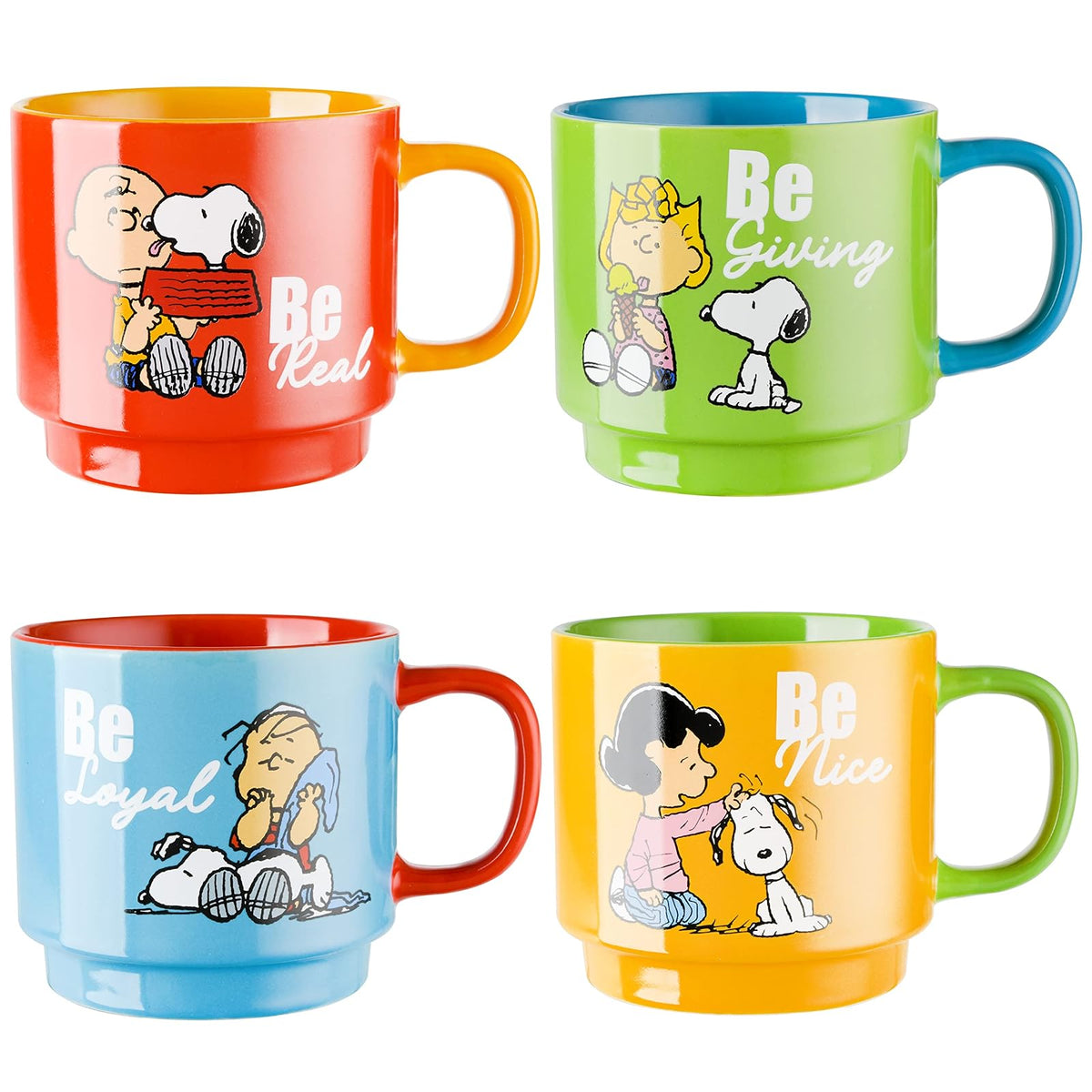 Peanuts Snoopy Gentle Reminders - Tazas apilables de 15 onzas con estante de metal, gres, paquete de 4, colores surtidos