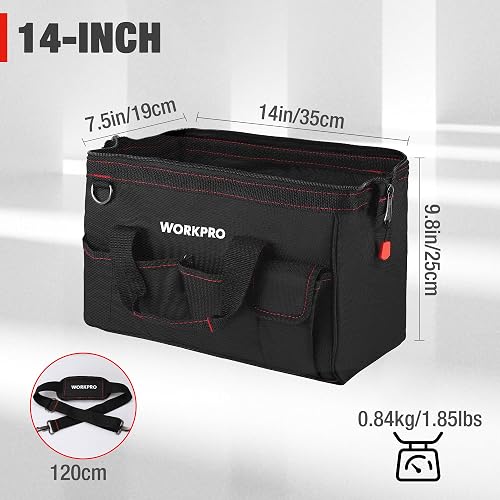 WORKPRO - Bolsa de herramientas de 35,5 cm, organizador de herramientas multibolsillos con correa de hombro ajustable, W081021A, negro