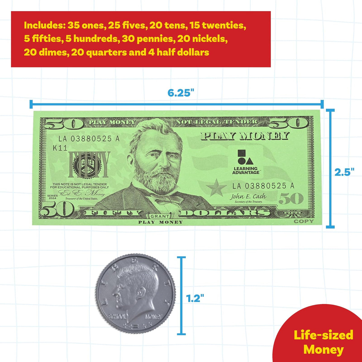 LEARNING ADVANTAGE Juego de Dinero | Billetes y Monedas | 100 Billetes y 94 Monedas | Manipulativos de matemáticas tempranas para niños | Dinero fingido diseñado como Moneda Real