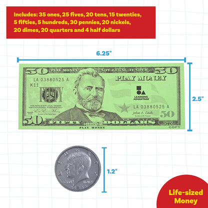 LEARNING ADVANTAGE Juego de Dinero | Billetes y Monedas | 100 Billetes y 94 Monedas | Manipulativos de matemáticas tempranas para niños | Dinero fingido diseñado como Moneda Real