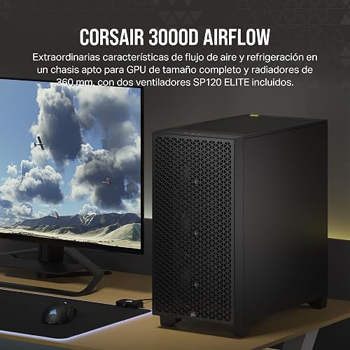 Corsair 3000D Airflow Chasis para PC semitorre – Ventiladores de 3 Clavijas – Compatibilidad con GPU de Cuatro Ranuras – Admite hasta 8 Ventiladores de 120 mm – Diseño de Gran Caudal de Aire - Negro