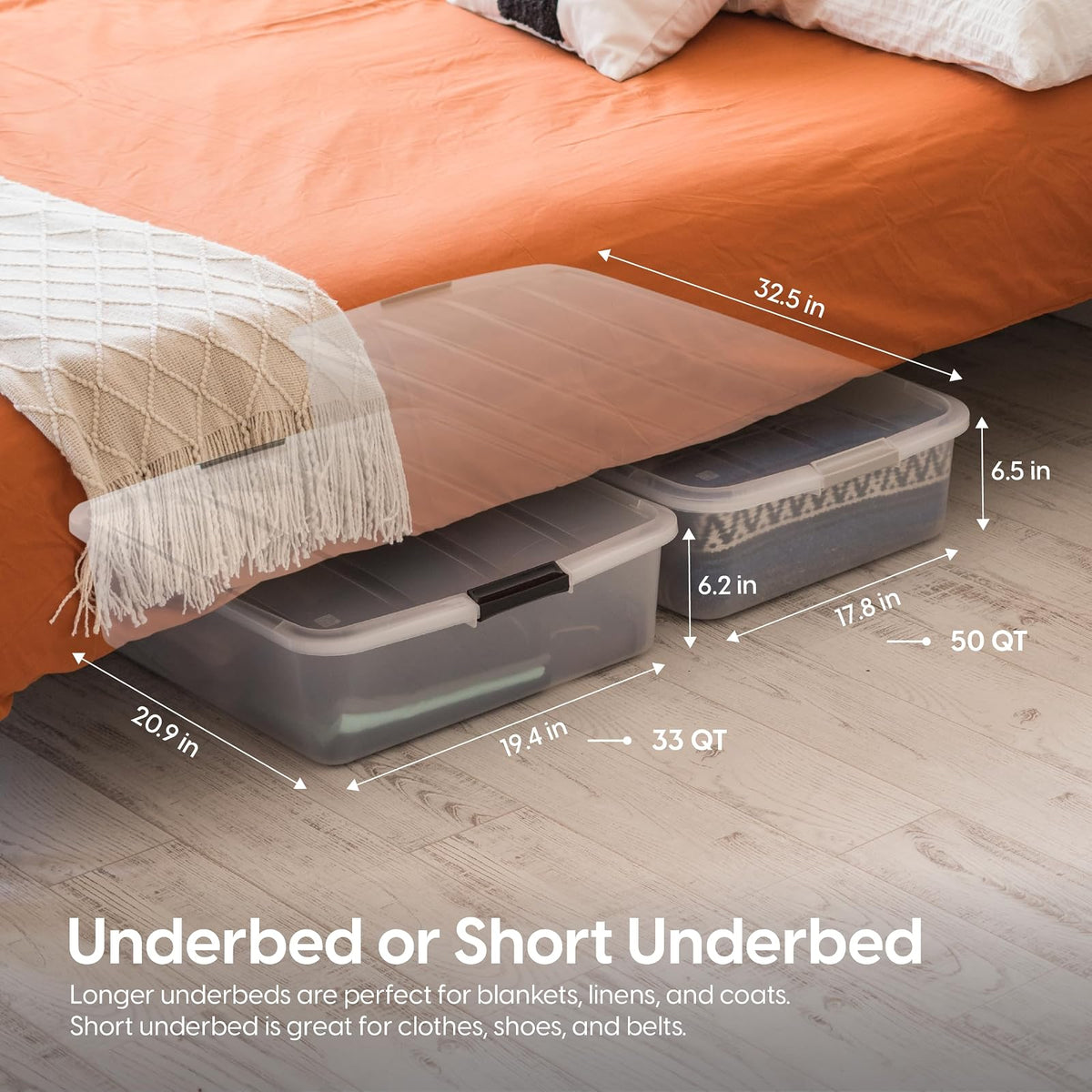 IRIS USA Contenedor Largo Bajo Cama de 50 Qt con Tapa, Transparente | Guarda ropa de temporada, zapatos, cobijas, sábanas y artículos del hogar debajo de la cama