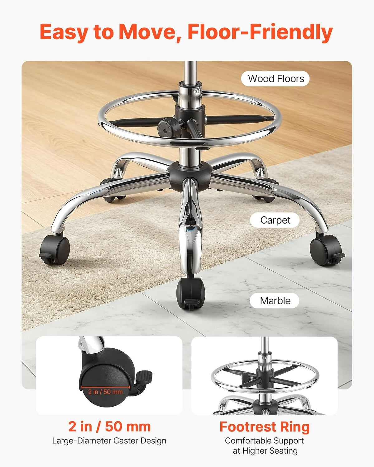 VEVOR Taburete Giratorio de Trabajo, Taburete con Respaldo Reposapiés y Ruedas, Ajustable 54-70 cm, Giro 360°, Capacidad de Carga 226,8 kg, Asiento Ergonómico Acolchado, Silla para Oficina Clínica